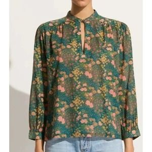 TROVATA Birds of Paradis Sz XS Green Floral Woodbine Cluster Bailey Blouse Shirt